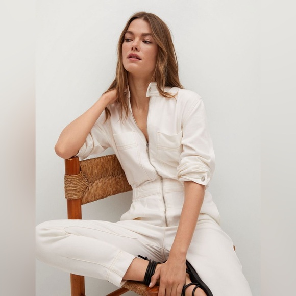 Mango size Large Long Sleeve Off White Utility Denim Jumpsuit Boilersuit - Picture 3 of 12